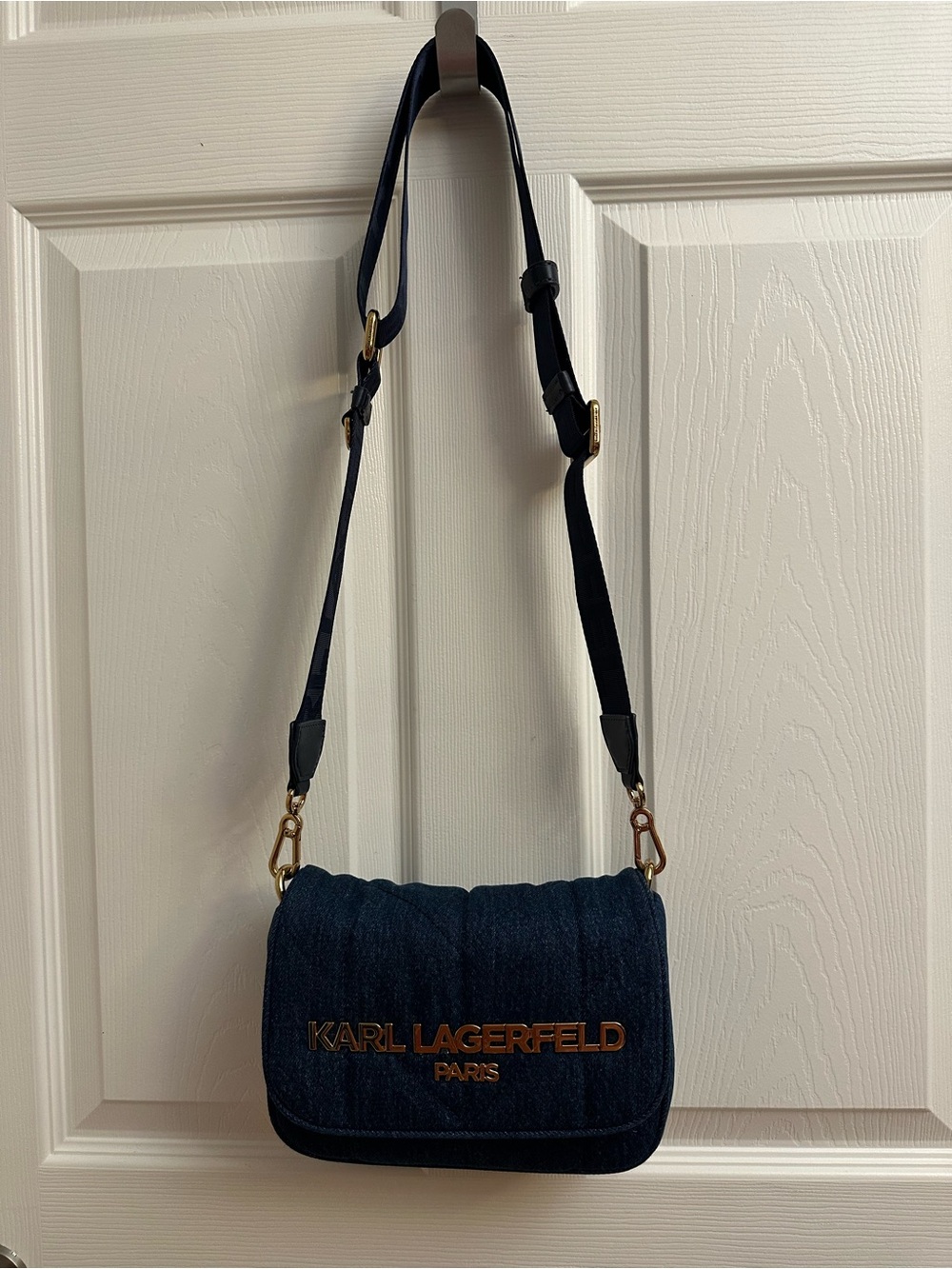 Karl Lagerfeld Quilted Dark Blue Denim Crossbody with Gold Logo - Picture 5 of 16